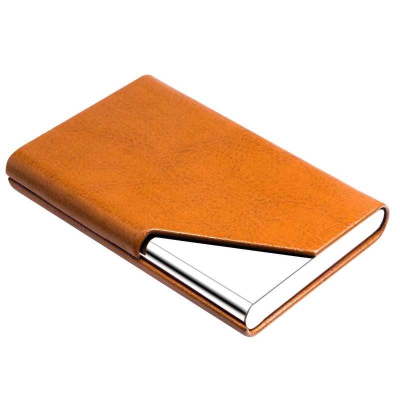 Padike Business Card Holder, Upgraded Leather Business Card Case Pocket Card Holders for Men or Women, Metal Slim Name Card Holder RFID Blocking Business Card Carrier with Magnetic Closure(Z-Orange) - Image 1